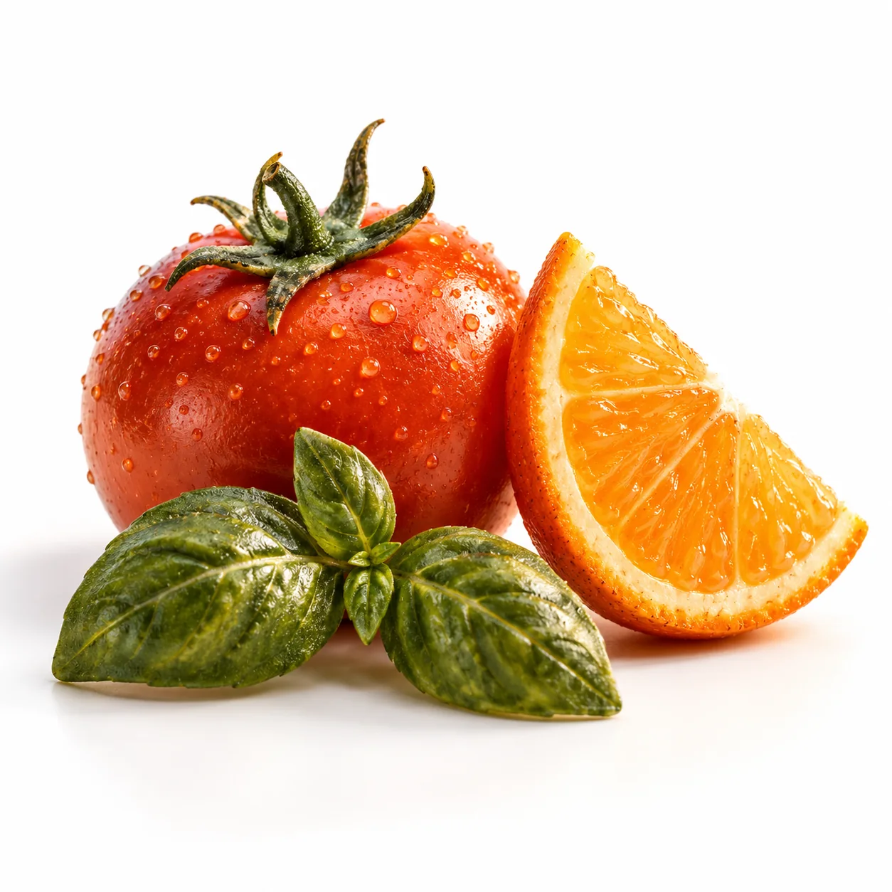 A tomato and basil in cinematic close-up